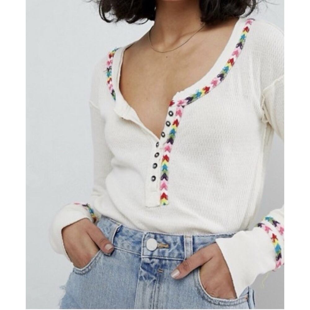 Free People We The Free Cream Rainbow Thermal Embroidered Henley Top Size Medium